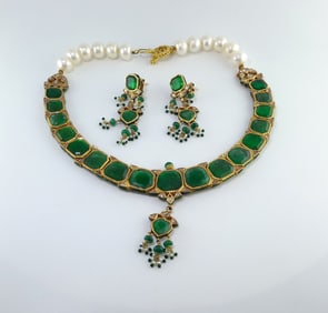Exquisite Antique Indian 20K Gold Enamel Necklace & Earrings Set | Pearls, Green Stone, Rose Cut Dia