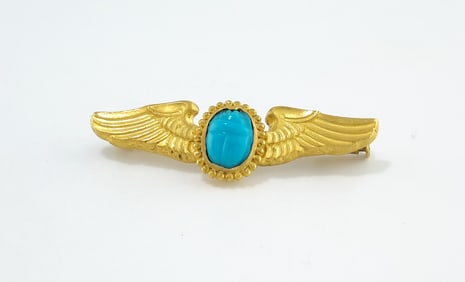 18K Yellow Gold Turquoise Pin Featuring Ancient Egyptian Scarab (26th Dynasty, ca. 600 B.C.)