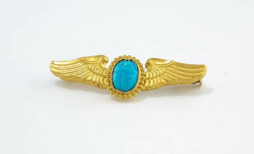 18K Yellow Gold Turquoise Pin Featuring Ancient Egyptian Scarab (26th Dynasty, ca. 600 B.C.): 18K Yellow Gold Turquoise Pin Featuring Ancient Egyptian Scarab (26th Dynasty, ca. 600 B.C.)A rare and captivating fusion of antiquity and fine jewelry, this 18K yellow gold turquoise pin showcases an