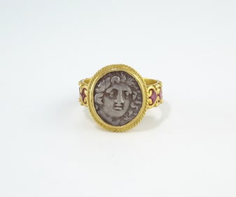 22K Yellow Gold Ring Set Featuring Ancient Silver Coin (circa 500 B.C.) with Inlaid Rabies – Total