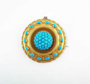 Antique Victorian Persian Turquoise Pin – 14K Yellow Gold, Circa 1850s