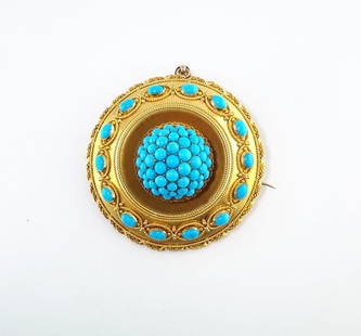 Antique Victorian Persian Turquoise Pin – 14K Yellow Gold, Circa 1850s: Antique Victorian Persian Turquoise Pin – 14K Yellow Gold, Circa 1850sAn exquisite example of mid-19th century craftsmanship, this antique Victorian pin showcases a stunning cluster of natural Persi