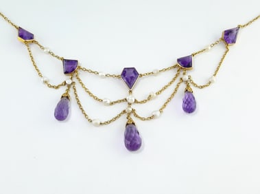 Victorian Amethyst & Natural Pearl Necklace – 14K Yellow Gold, Circa 1850s