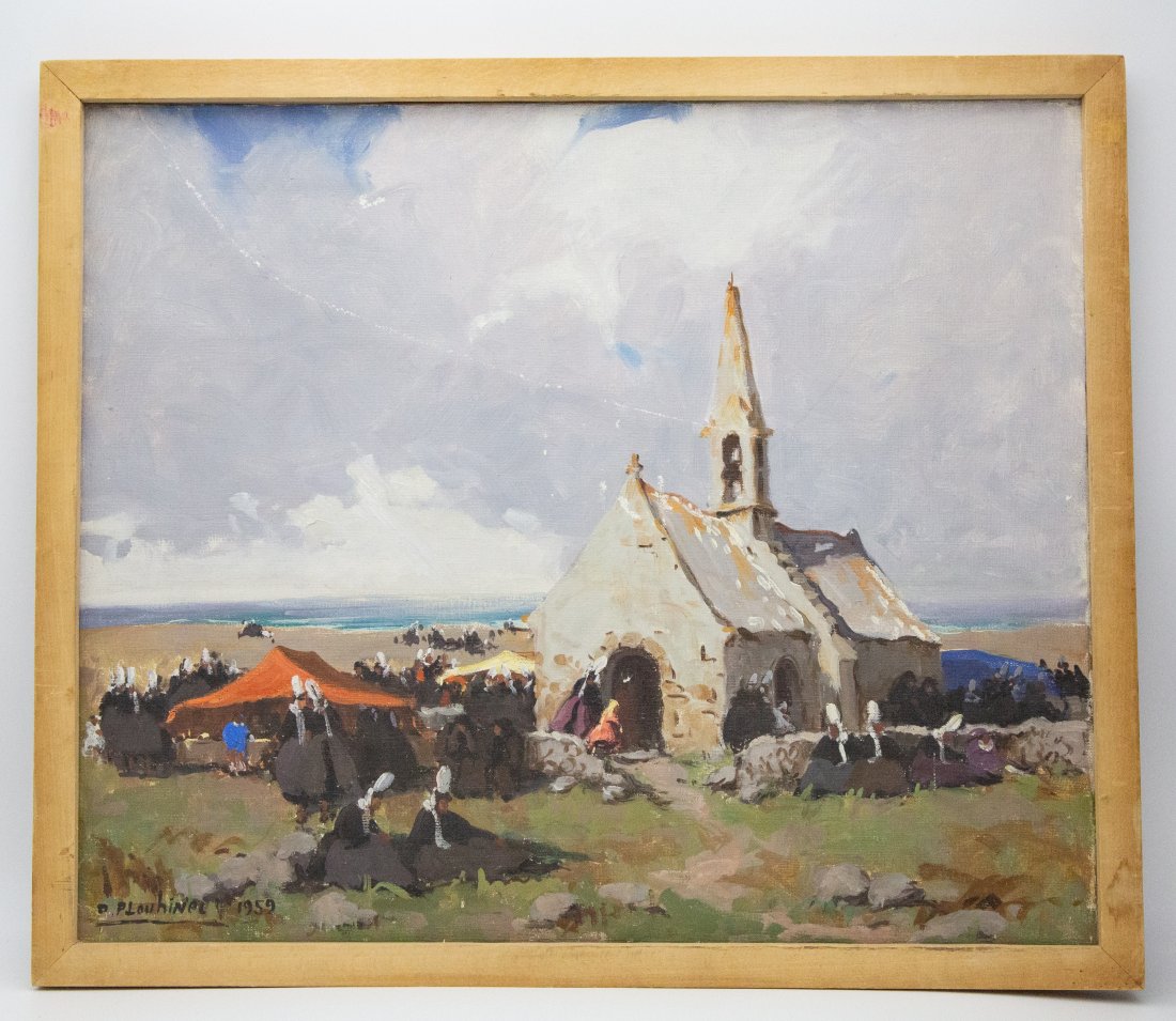 1959 French Brittany Landscape by Pierre Plouhinec: French oil painting, 'Pay Bigouden' by Pierre Plouhinec (1907-1984) (Bretagne). 17.5 in x 21.5 in