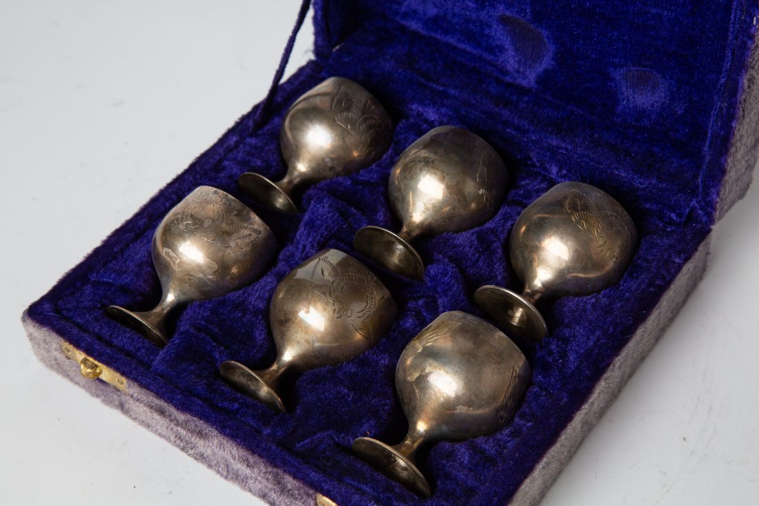Antique Set of (6) Silver Plated Religious Liquor Cups (1 of 4)
