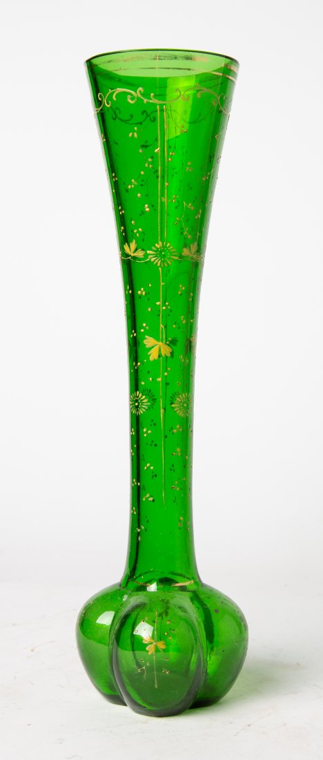 Antique Czech Gilt Bohemian Green Art glass Vase: Antique Czech Gilt Bohemian Green Art glass Vase, circa 1920's. H: 13 in