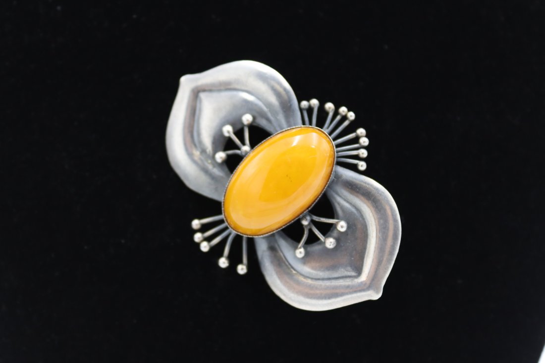 Butterfly Shape Butterscotch Amber Silver Brooch (1 of 2)