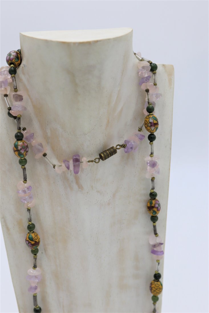 Chinese Gemstone & Cloisonne Enamel Inlay Bead Necklace (1 of 3)