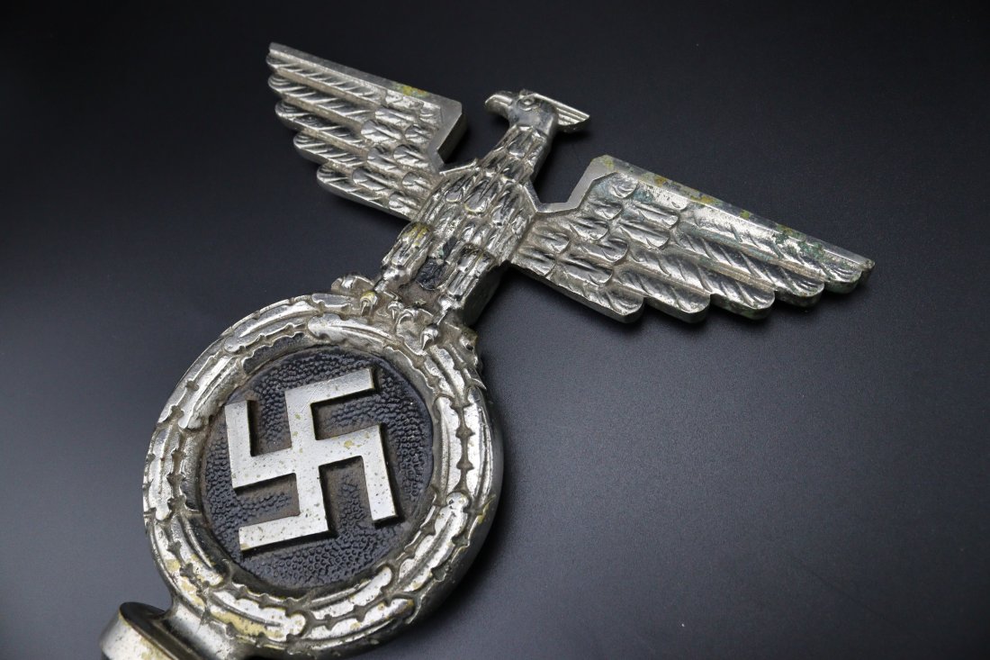 Nazi Flagpole Topper WW2 Original: Original , this is a rare model that has not been in the online market. Only for the coinoisseur will appreciate.. Heavy metal(Bronze/Brass) that has been chrome plated. 12" x 9"