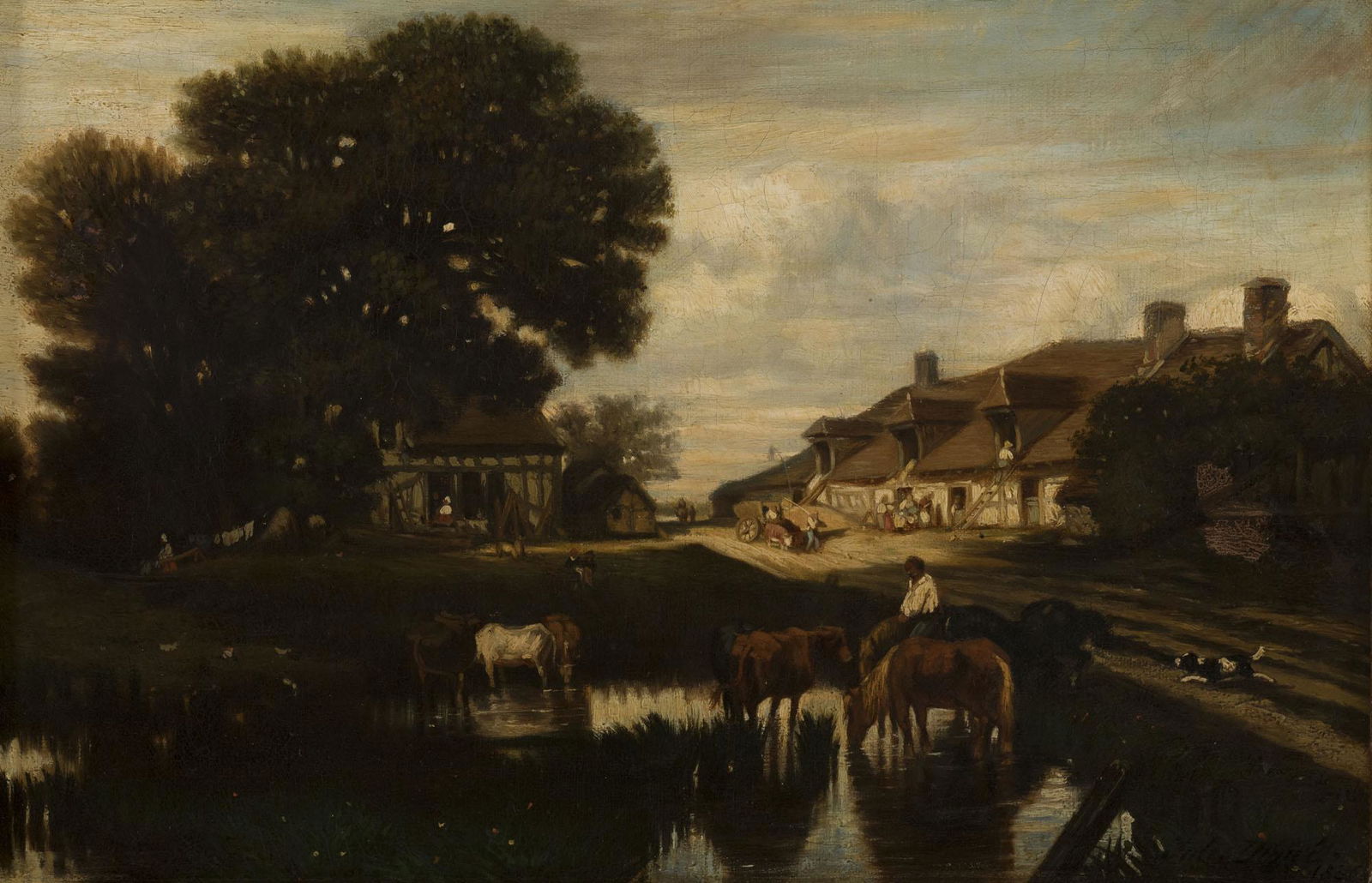 Jules Dupré (1811-1889), "l'Abreuvoir", huile: Jules Dupré (1811-1889), "l'Abreuvoir", huile sur toile, signée et datée 1836, titrée sur le châssis, 30x46,5 cm