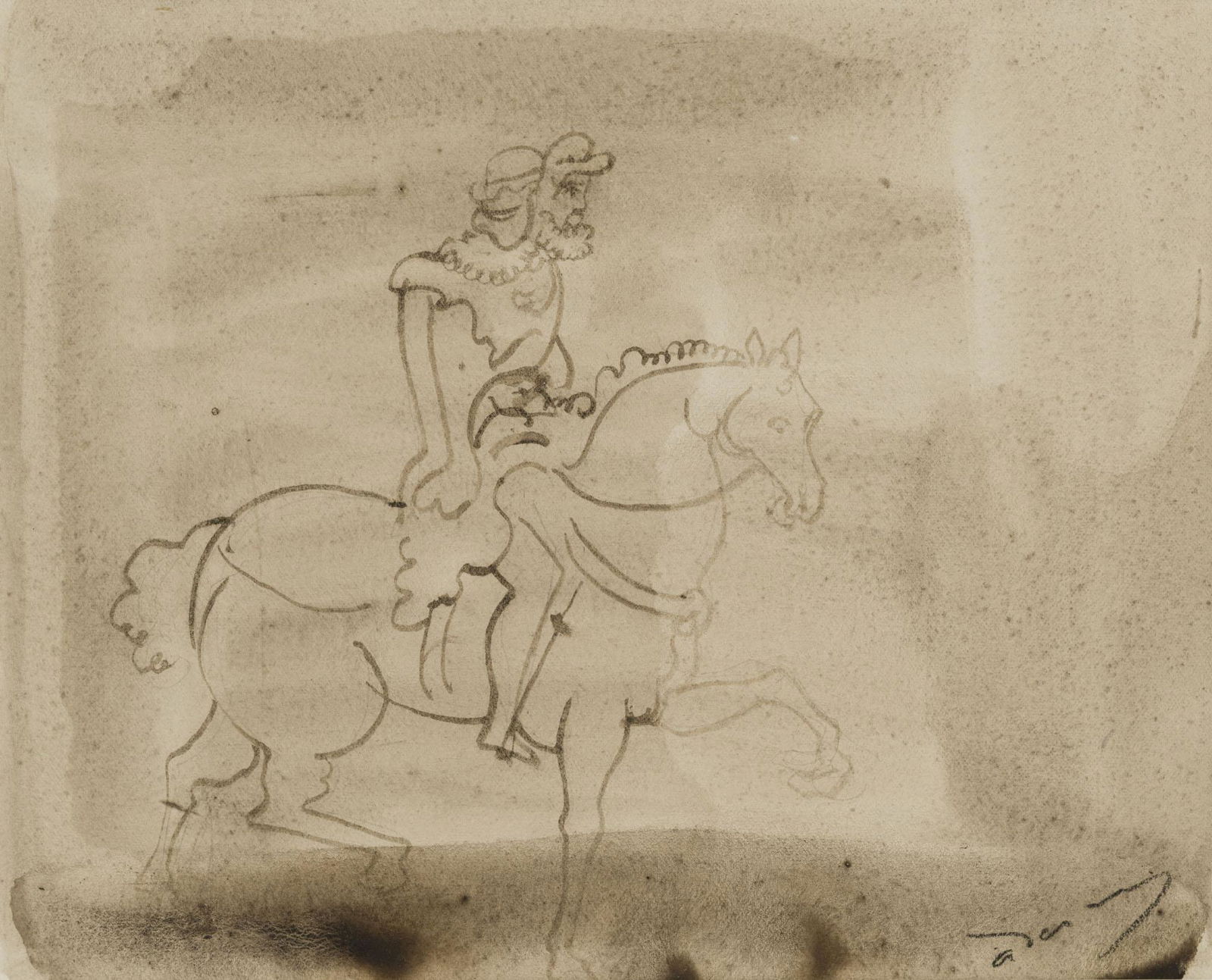 André Derain (1880-1954),...: André Derain (1880-1954), "Cavalier", lavis sur papier, signé, 21x26 cm (à vue)Certificat du Comité André Derain daté du 7 mai 2021 signé par Madame Geneviève T