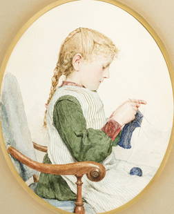 Albert Anker (1831-1910), Jeune fille cousant,: Albert Anker (1831-1910), Jeune fille cousant, 1905, aquarelle sur papier, signée et datée, 35x28,5 cmProvenance: Acquis directement auprès de l'artiste et restée dans la famille j