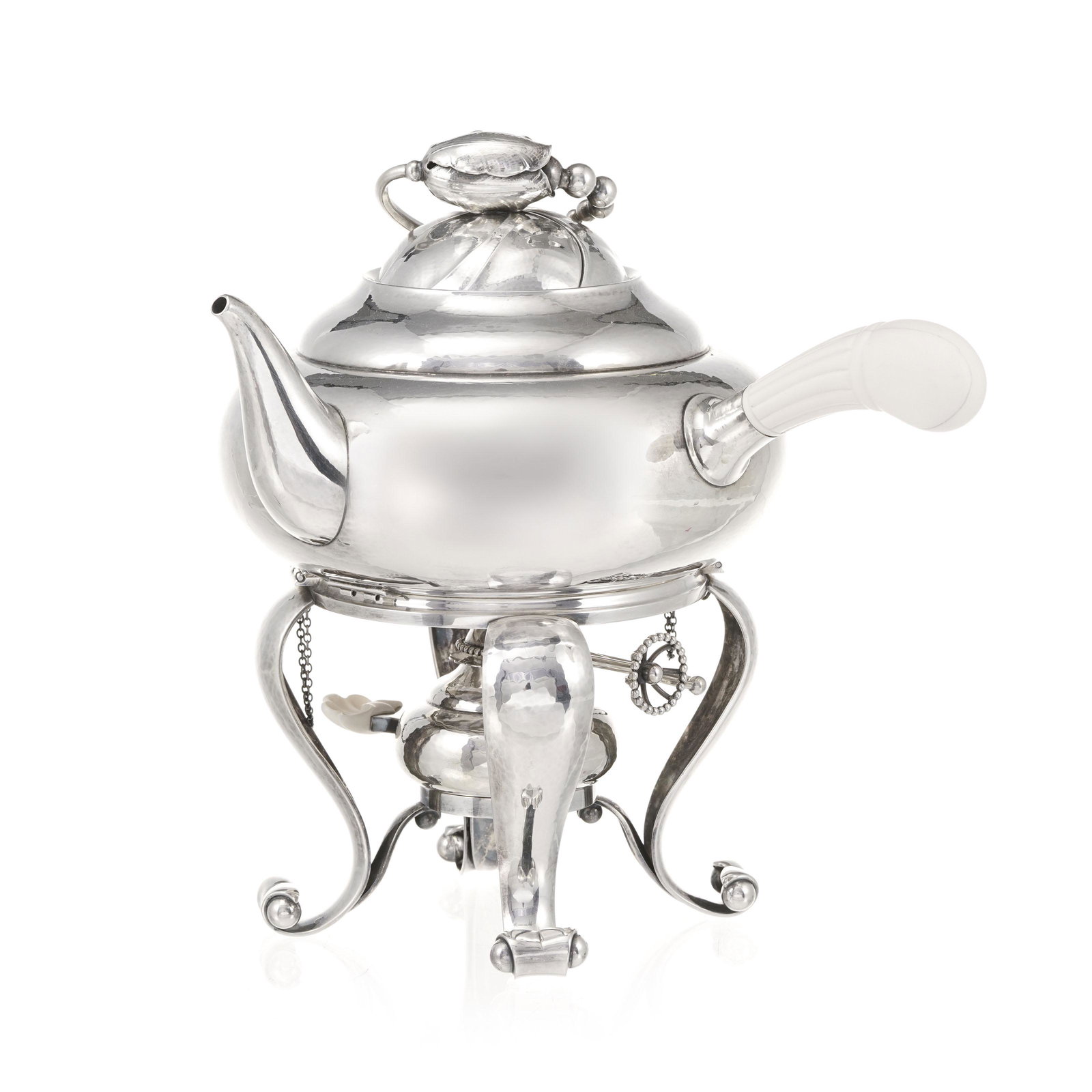 Théière sur réchaud Blossom en argent 925, Georg Jensen, Copenhague, modèle 2 B, (1 of 3)