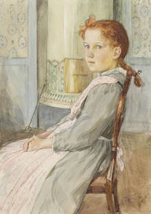 Carl Olof Larsson (1853-1919), Fillette assise, aquarelle sur papier, monogrammée, 34,5x25,5 cm: Cette notoriété lui permet de se consacrer au thème du portrait qu'il affectionne particulièrement. A l'instar de son contemporain, Albert Anker, Larsson privilégie l’aquarelle,