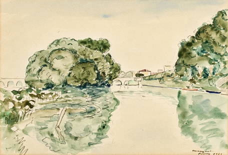 Albert Marquet (1875-1947), "La Seine à Poissy", 1929, aquarelle sur papier, signée,: Albert Marquet (1875-1947), "The Seine at Poissy", 1929, watercolour on paper, signed, located and dated, 17.5x25 cm; Notice of inclusion in the digital catalogue raisonné in preparation by the