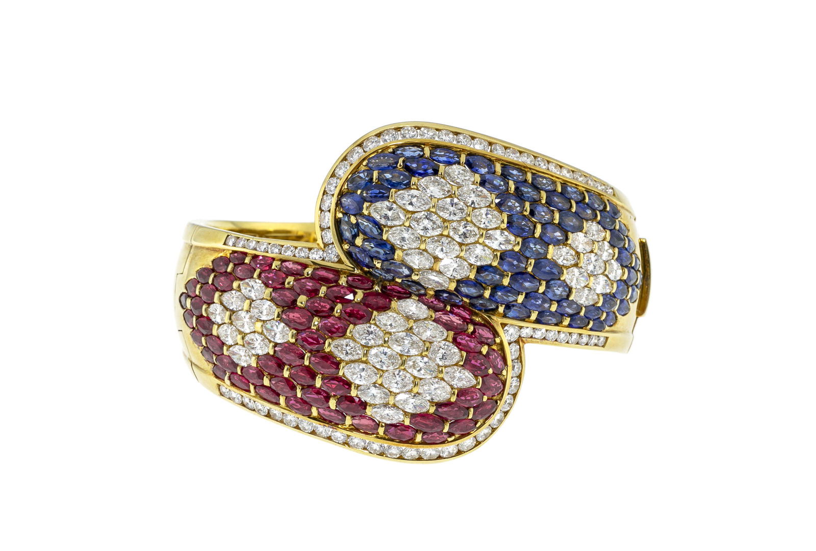 Bracelet rigide or 750 pavé de diamants, de rubis et de saphirs taille marquise entourés (1 of 6)