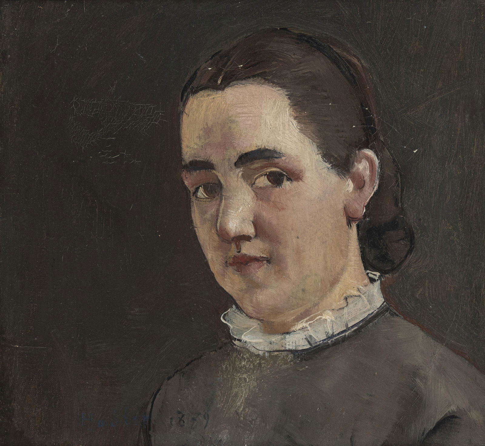 Ferdinand Hodler (1853-1918), "Portrait Marie Elise Hodler", (soeur de l'artiste), vers 1879, huile: Ferdinand Hodler (1853-1918), "Portrait Marie Elise Hodler", (soeur de l'artiste), vers 1879, huile sur toile, signée, datée, 23x24 cm Bibliographie : Carl Albert Loosli, Ferdinand Hodler, G