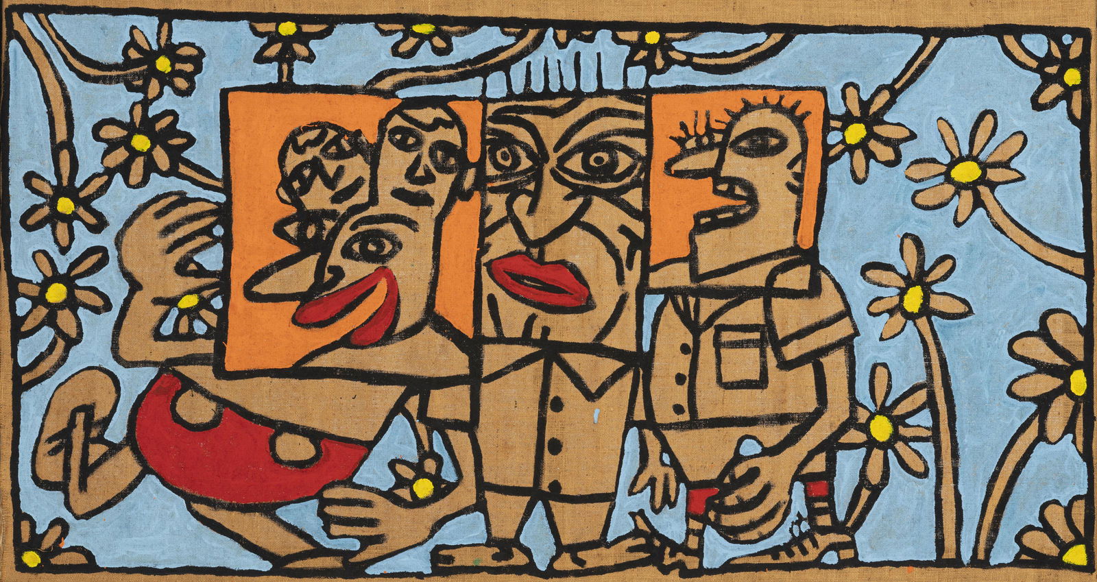 Robert Combas (1957), "Les 3 bonhommes", 1982, acrylique sur toile de jute, 80x148,5 cmCertificat: Robert Combas (1957), "Les 3 bonhommes", 1982, acrylique sur toile de jute, 80x148,5 cm Certificat photographique signé par l'artiste Provenance: Galerie Buchmann, Bâle, 31 mai 1990