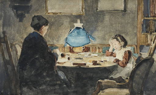 Albert Anker (1831-1910), Jeunes filles à l'étude (Die Gattin des Künstlers mit: Albert Anker (1831-1910), Jeunes filles à l'étude (Die Gattin des Künstlers mit Töchterchen Céline), aquarelle sur papier, 20,9x34 cm Provenance: Mme D.B.A, Genève C