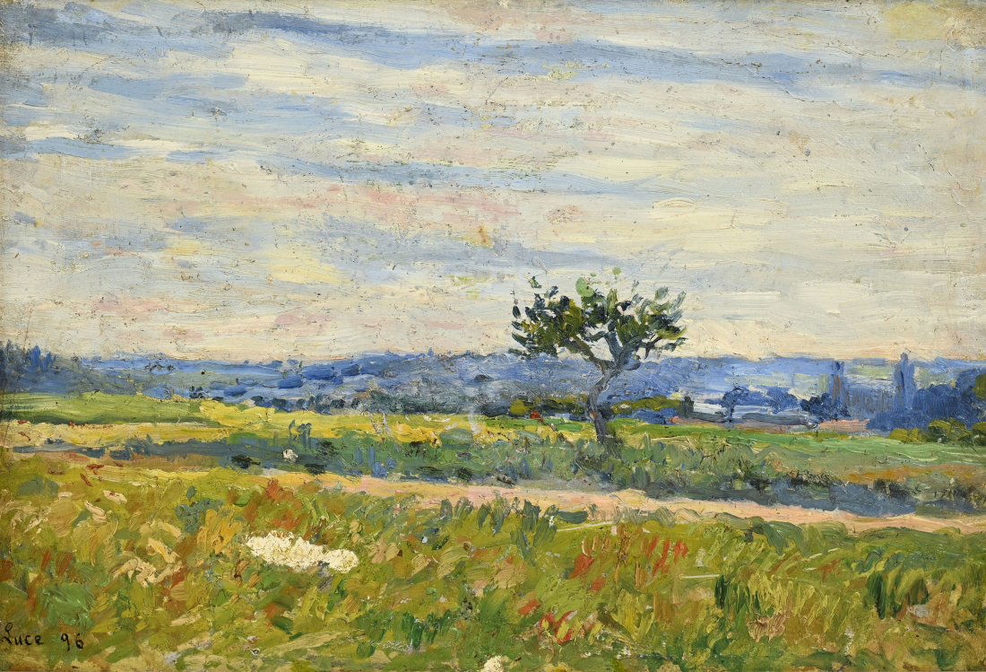 Maximilien Luce (1858-1941), Paysage aux environs de Gisors , 1896: Maximilien Luce (1858-1941), Paysage aux environs de Gisors , 1896, huile sur panneau, signÃ©e et datÃ©e, contresignÃ©e et titrÃ©e au verso, 24x35 cm Bibliographie: Jean B