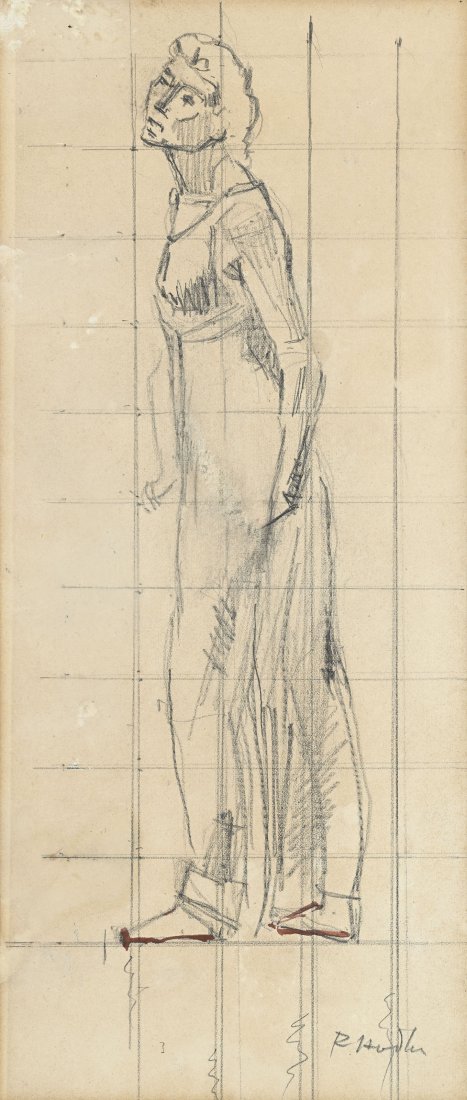Ferdinand Hodler@ (1853-1918), Etude pour Regard dans l'infini: Ferdinand Hodler (1853-1918), Etude pour Regard dans l'infini , crayon et aquarelle sur papier, signÃ©e, 37,5x16 cm Provenance: Galerie Latham, GenÃ¨ve, 9 septembre 2003