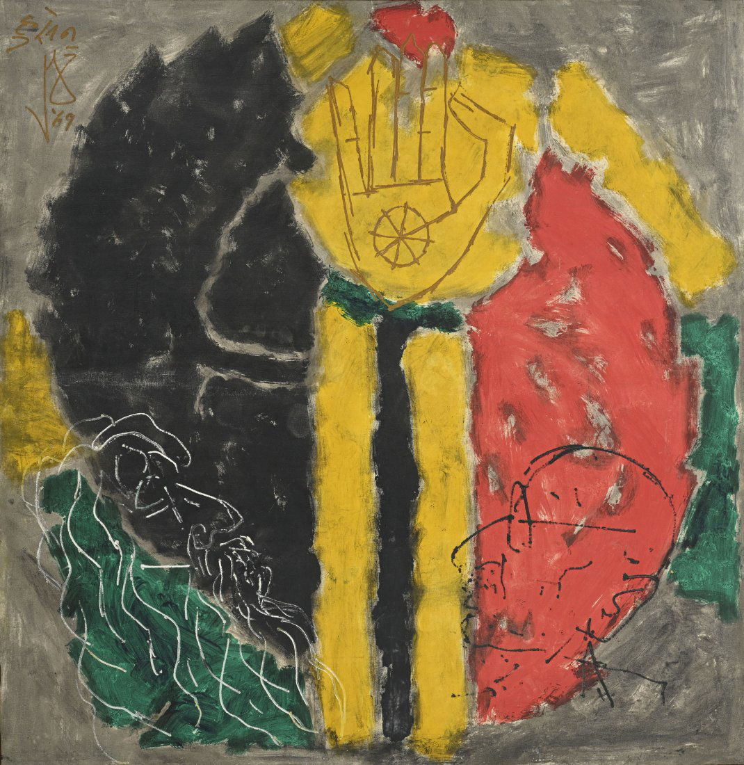 Maqbool Fida Husain (1915-2011), Invocation de la paix, 1969: Maqbool Fida Husain (1915-2011), Invocation de la paix, 1969, huile sur toile, signÃ©e et datÃ©e, 188,5x178 cmNous remercions Monsieur Charles Moore de la Galerie Grossvenor d'avoir confirmÃ© l'