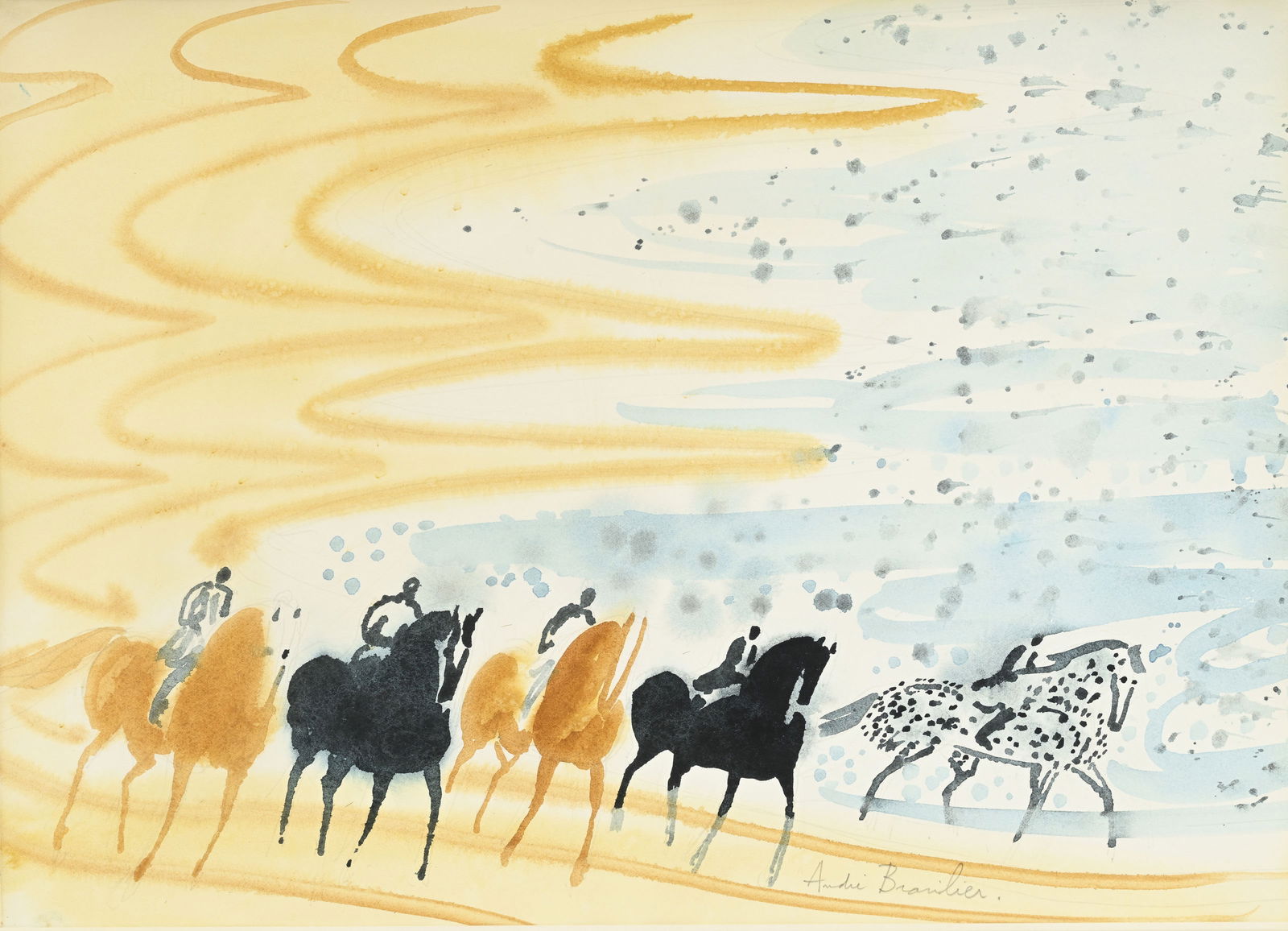 André Brasilier (1929), Cavaliers, aquarelle et crayon de graphite sur papier: André Brasilier (1929), Cavaliers, aquarelle et crayon de graphite sur papier, signé, 31x43,5 cm Provenance : Galerie Chaudronniers, Genève, 30.08.1979