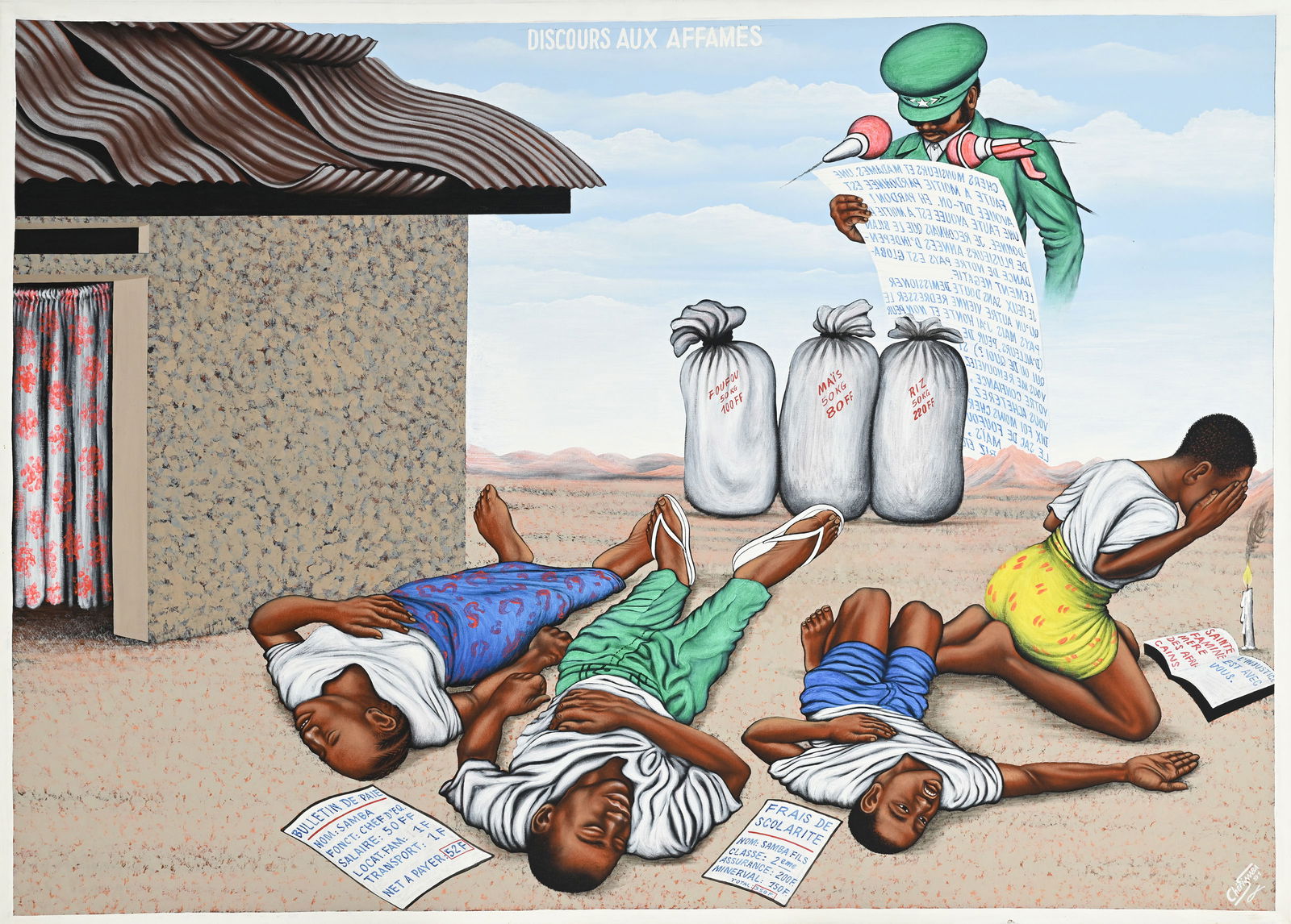Chéri Samba (1956), Discours aux affamés , 1991, acrylique sur toile: Chéri Samba (1956), Discours aux affamés , 1991, acrylique sur toile, signée et datée, contresignée, contredatée et titrée au verso, 140x196 cmProvenance: Jean-Marc Patras Gallery, Paris