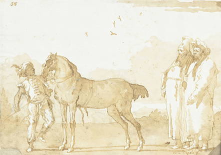 Giovanni Domenico Tiepolo (1727-1804), Cheval à l'arrêt, plume et encre brune sur papier, signé: Giovanni Domenico Tiepolo (1727-1804), Cheval à l'arrêt tenu par un palefrenier, deux orientaux à droite, pierre noire, plume et encre brune, lavis brun sur papier, signé  Dom Tiepolo f  et numér