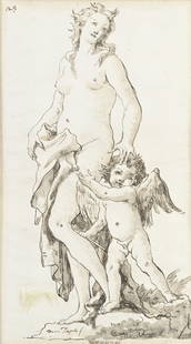 Giovanni Domenico Tiepolo (1727-1804), Vénus et l'Amour, plume et encre brune, lavis brun sur: Giovanni Domenico Tiepolo (1727-1804), Vénus et l'Amour, plume et encre brune, lavis brun sur papier, signé deux fois Dom. Tiepolo f ,inscrit Venere et avec numéro 23 , 28x16 cm Provenance: Ott