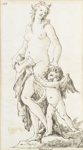 Giovanni Domenico Tiepolo (1727-1804), Vénus et l'Amour, plume et encre brune, lavis brun sur: Giovanni Domenico Tiepolo (1727-1804), Vénus et l'Amour, plume et encre brune, lavis brun sur papier, signé deux fois  Dom. Tiepolo f ,inscrit  Venere  et avec numéro  23 , 28x16 cm Provenance: Ott