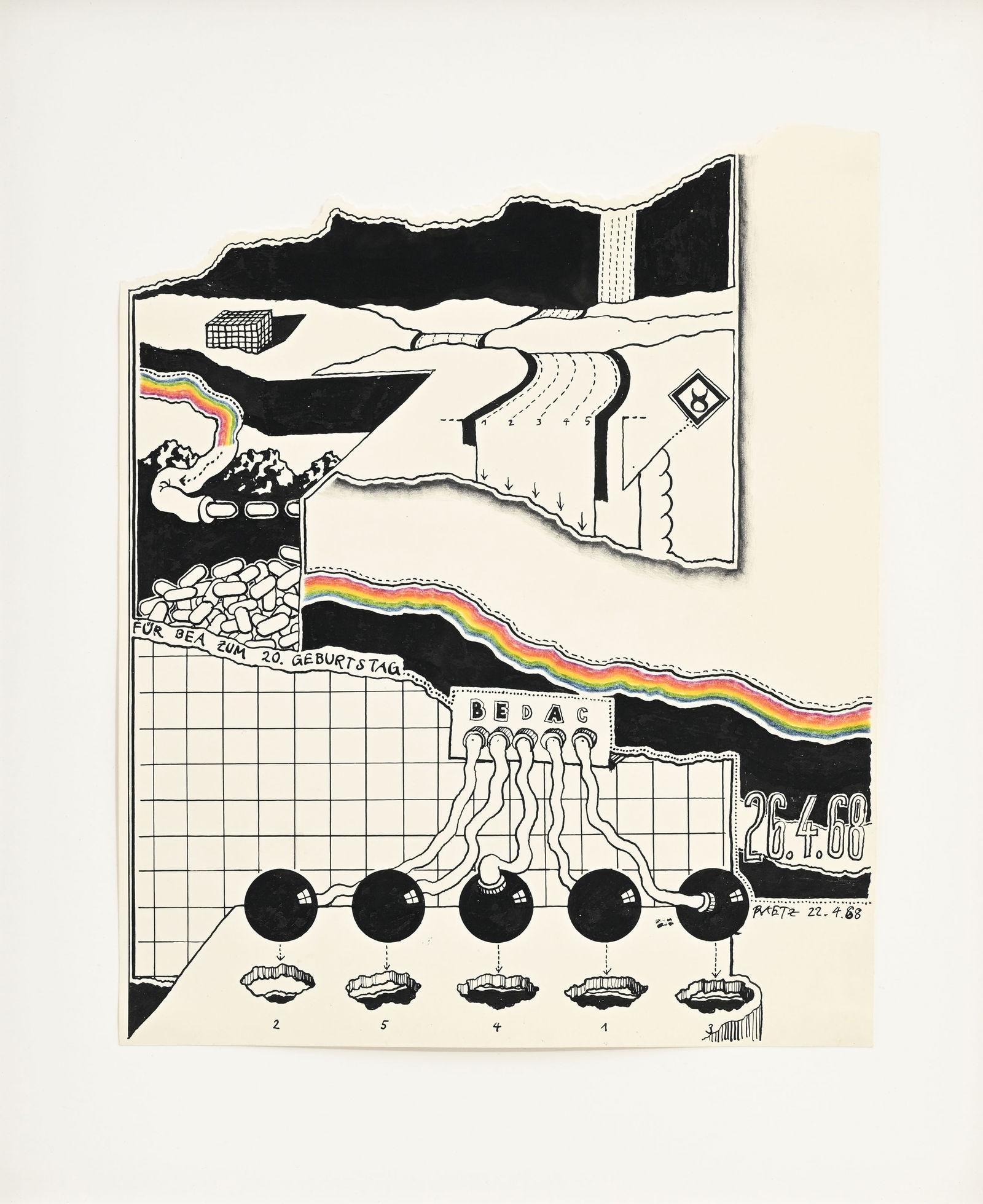 Markus Raetz (1941-2020), Sans titre, 1968, encre de Chine et crayons de couleur sur papier,: Markus Raetz (1941-2020), Sans titre, 1968, encre de Chine et crayons de couleur sur papier, signée, datée 26.4.68 et dédicacée Für Bea zum 20. Geburtstag , 25,5x21 cm Provenance: Galerie Knoe