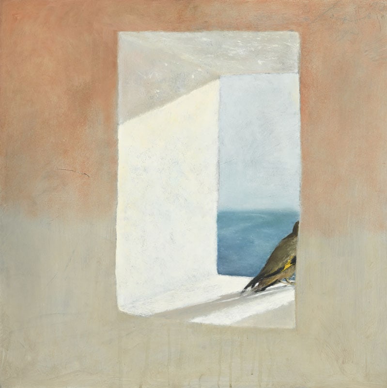 Julio Larraz (1944), Oiseau sur une fenêtre, huile sur papier marouflé sur panneau,: Julio Larraz (1944), Oiseau sur une fenêtre, huile sur papier marouflé sur panneau, signée et datée', 61x61 cm Provenance: Nohra Haime Gallery, New York
