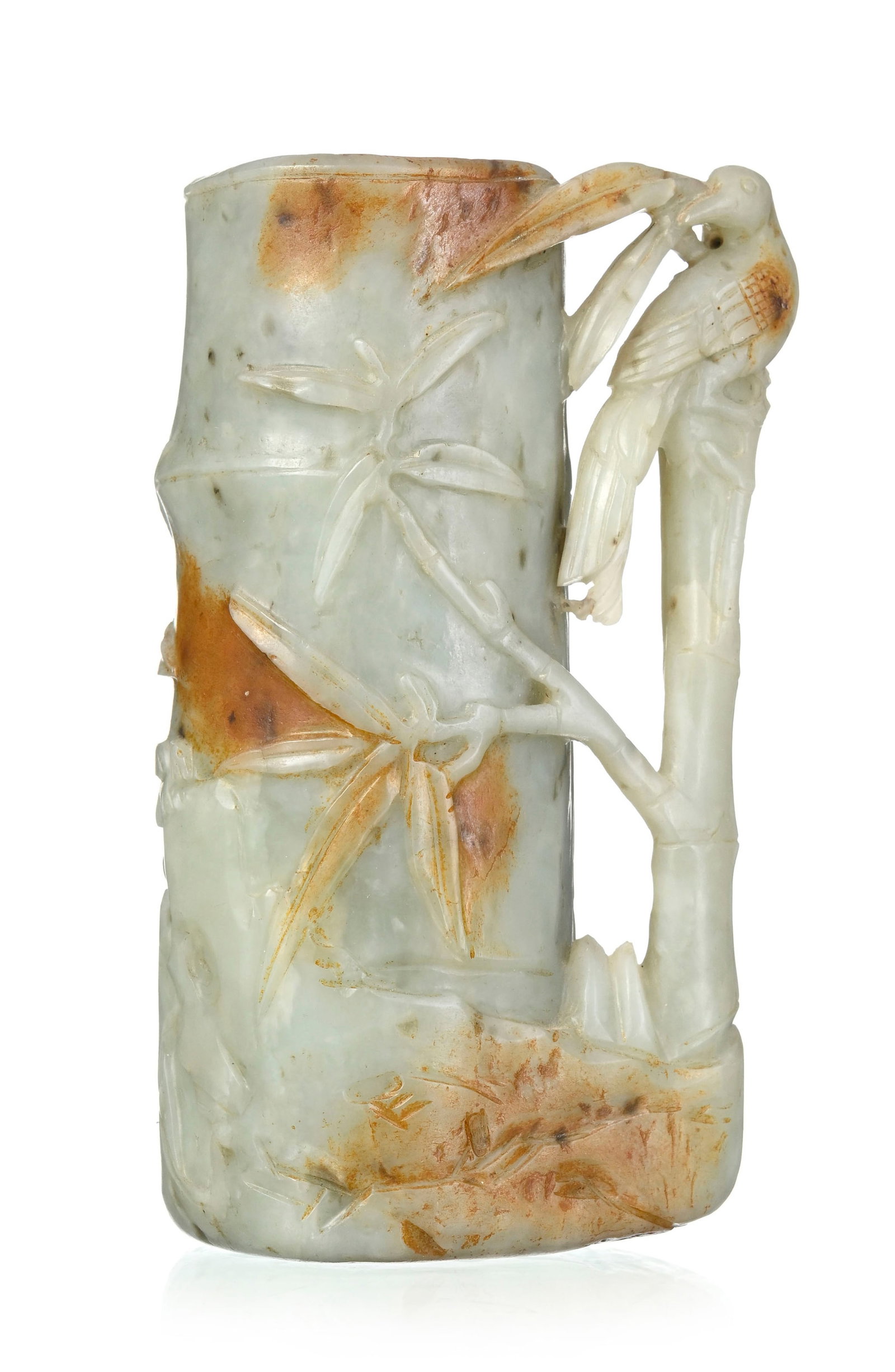 Bitong (pot à pinceaux) en forme de bambou en jade, Chine, accompagné d'un oiseau, h. 13 c (1 of 5)