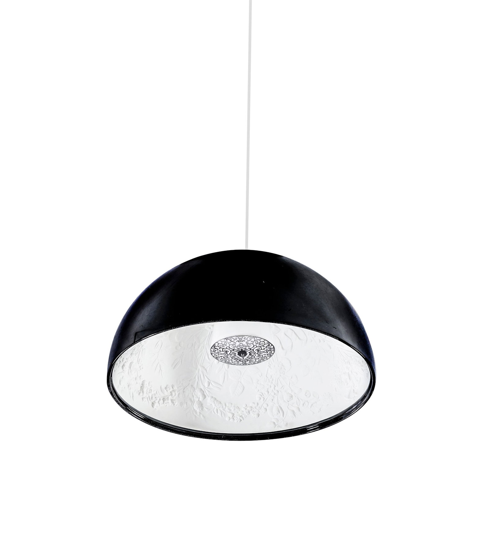 Suspension Skygarden 1 par Marcel Wanders (né en 1963), édition Flos, coupole en plât: Suspension Skygarden 1 par Marcel Wanders (né en 1963), édition Flos, coupole en plâtre blanc et finition laquée noire, diffuseur opalin et frise en acier ajouré, dimensions d