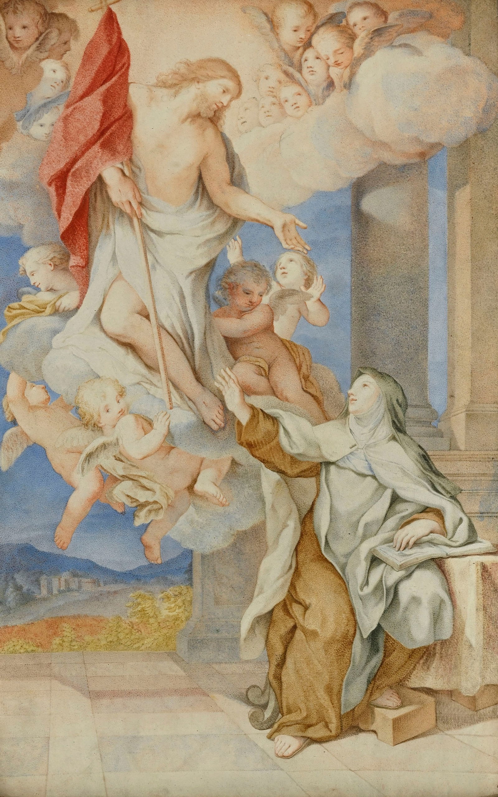 Placido Costanzi (c.1690/1702-1759), Vision de Sainte Chiara, tempera sur parchemin, 45,5x29 cm (: Placido Costanzi (c.1690/1702-1759), Vision de Sainte Chiara, tempera sur parchemin, 45,5x29 cm (à vue) Au verso: étiquette de la collection Schwarz, no. 924 Provenance: Collection d'une fam