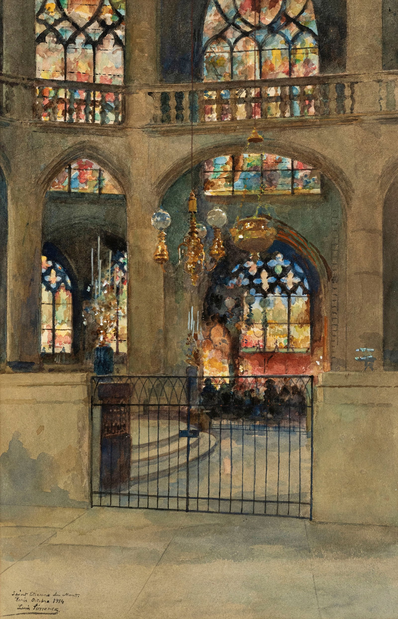 Luis Jiménez y Aranda (1845-1928), Vue de l'église Saint-Etienne du Mont, 1914, aquarelle : Luis Jiménez y Aranda (1845-1928), Vue de l'église Saint-Etienne du Mont, 1914, aquarelle sur papier, signée, datée et située, 46x29 cm
