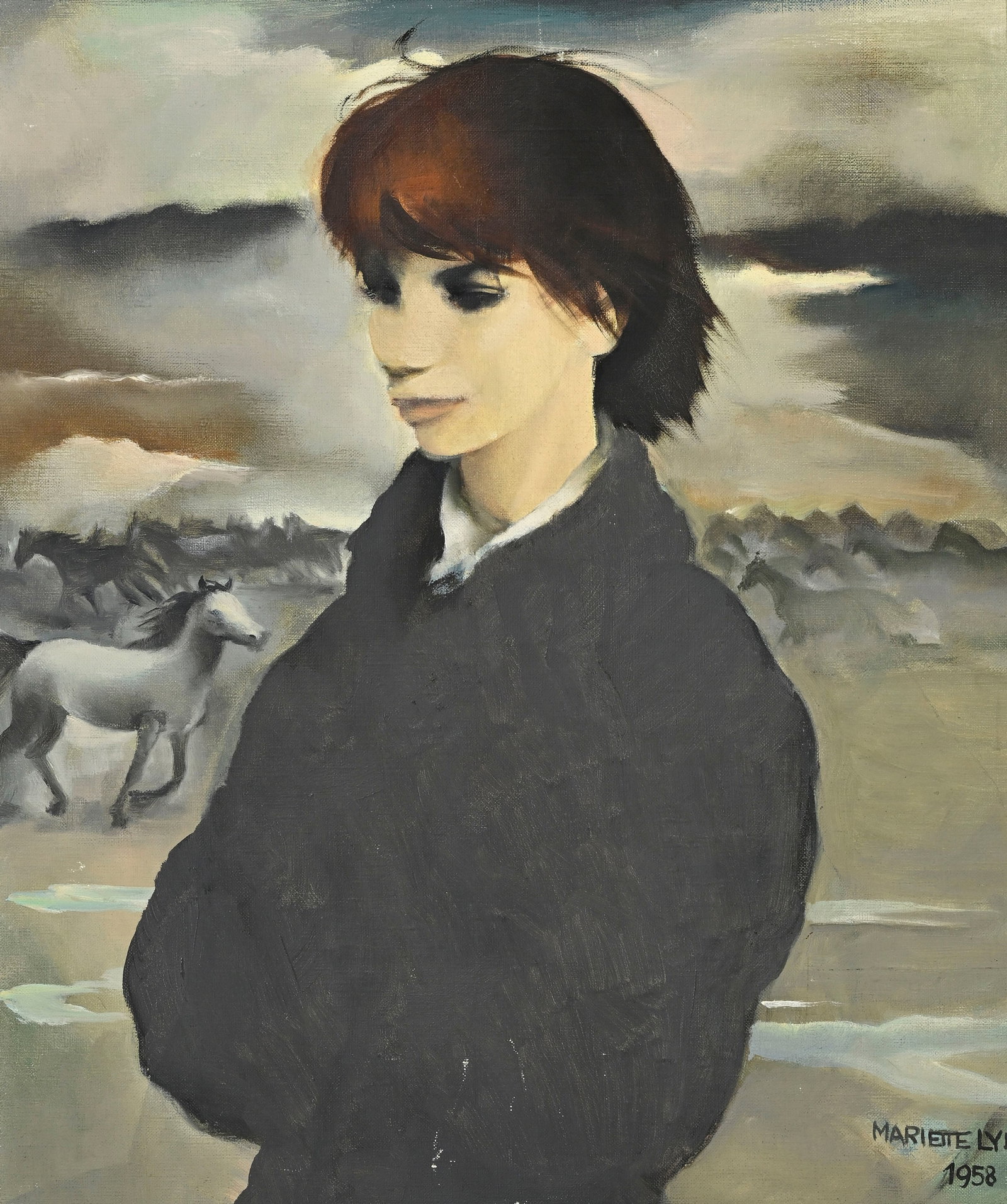 Mariette Lydis (1887-1970), Portrait de femme, 1958, acrylique sur toile, signée et datée,: Mariette Lydis (1887-1970), Portrait de femme, 1958, acrylique sur toile, signée et datée, 55,5x46 cm