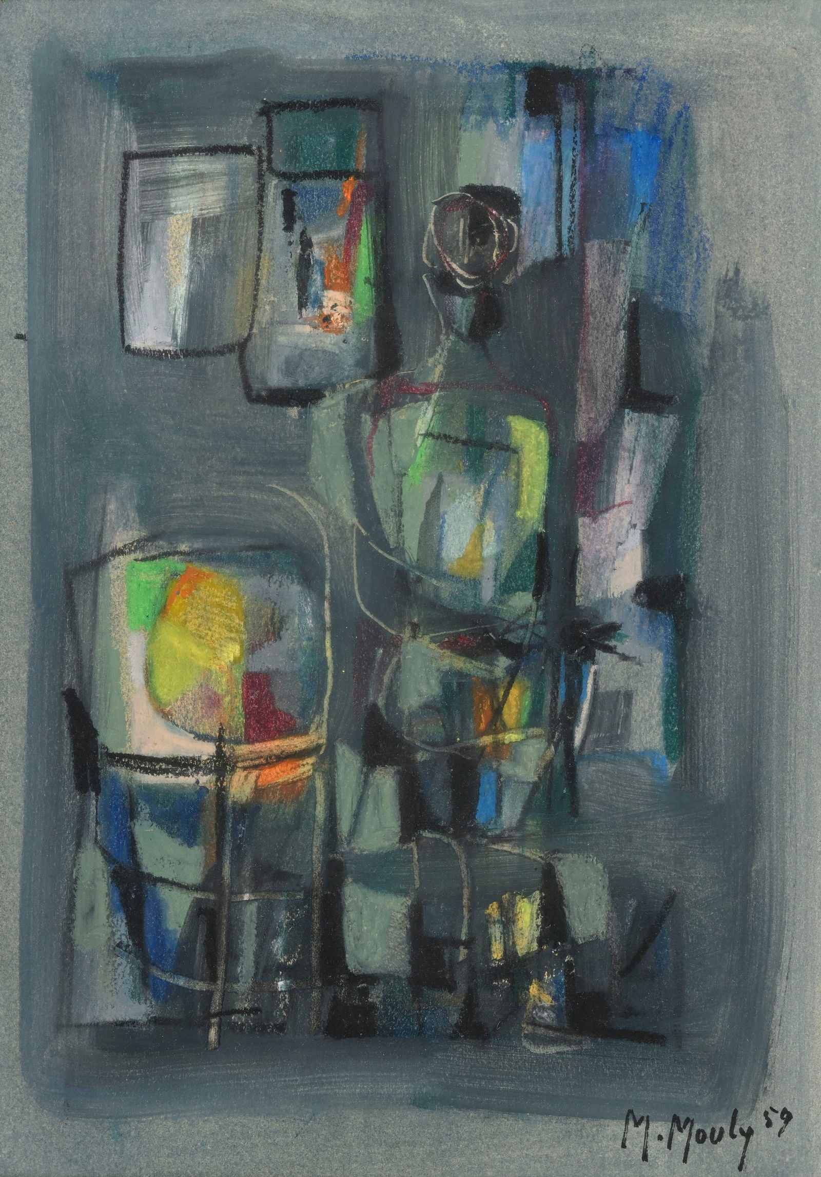 Marcel Mouly (1918-2008), Composition, 1959, technique mixte sur papier, signée et datée, : Marcel Mouly (1918-2008), Composition, 1959, technique mixte sur papier, signée et datée, 30,5x22 cm