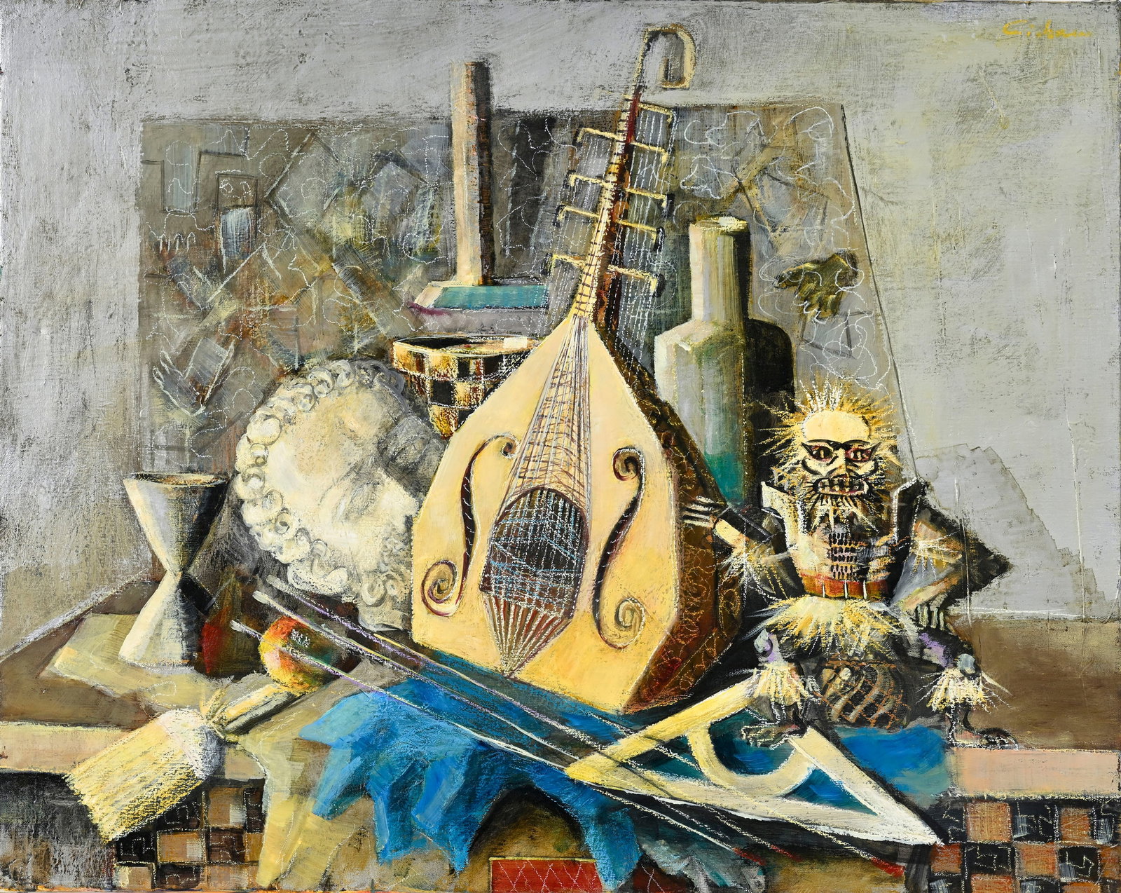 Mircea Ciobanu (1950-1991), Nature morte à la mandoline, huile sur toile, signée, 65x81 cm (1 of 4)