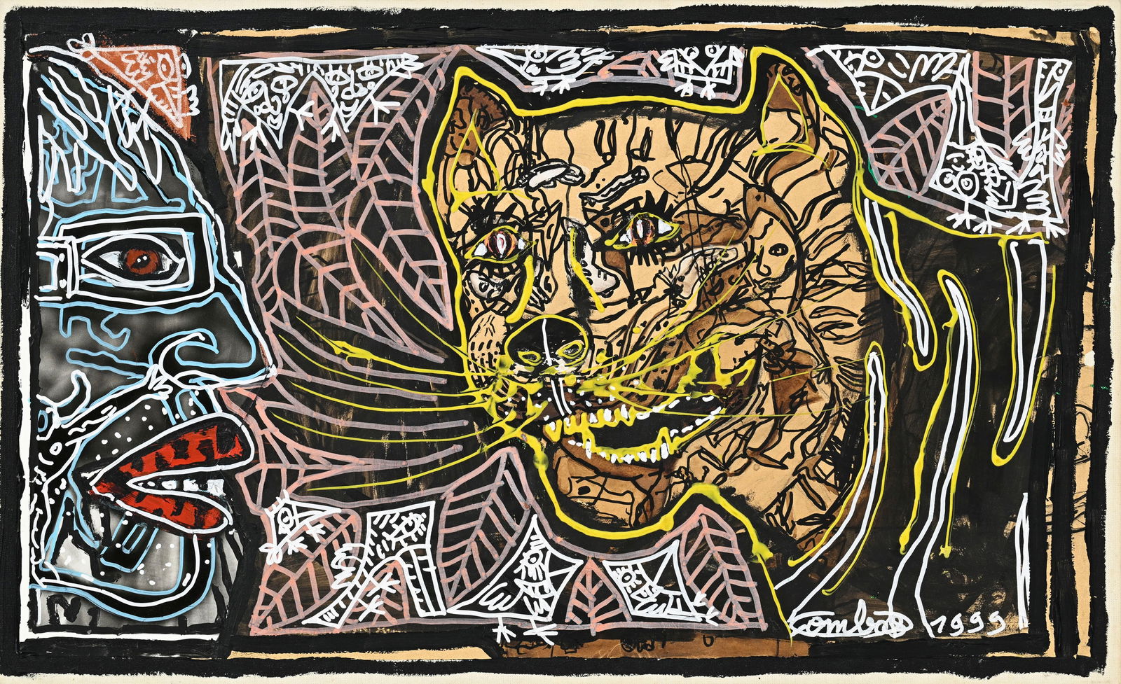 Robert Combas (1957), "Tu le regardes, il te regarde ce félin aux dents acérées l: Robert Combas (1957), "Tu le regardes, il te regarde ce félin aux dents acérées légèrement rigolardes. Il va te manger ! ", 1999, technique mixte sur papier marouflé sur