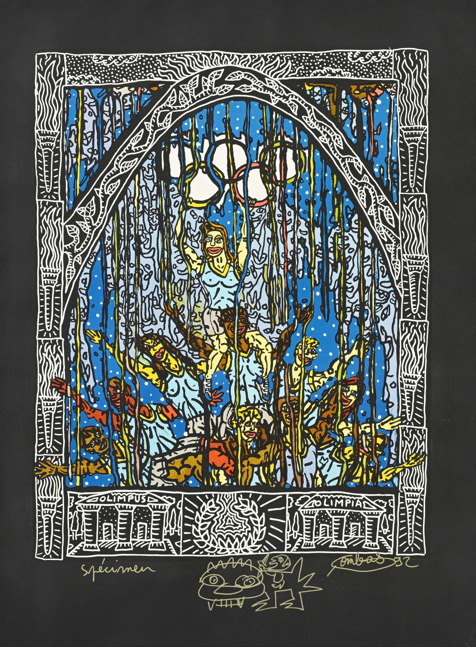 Robert Combas (1957), "Olympus, Olympia", 1992, lithographie en couleurs, signée, datée, a: Robert Combas (1957), "Olympus, Olympia", 1992, lithographie en couleurs, signée, datée, annotée "spécimen" et enrichie d'un petit dessin dédicace au feutre doré, 82x60 c