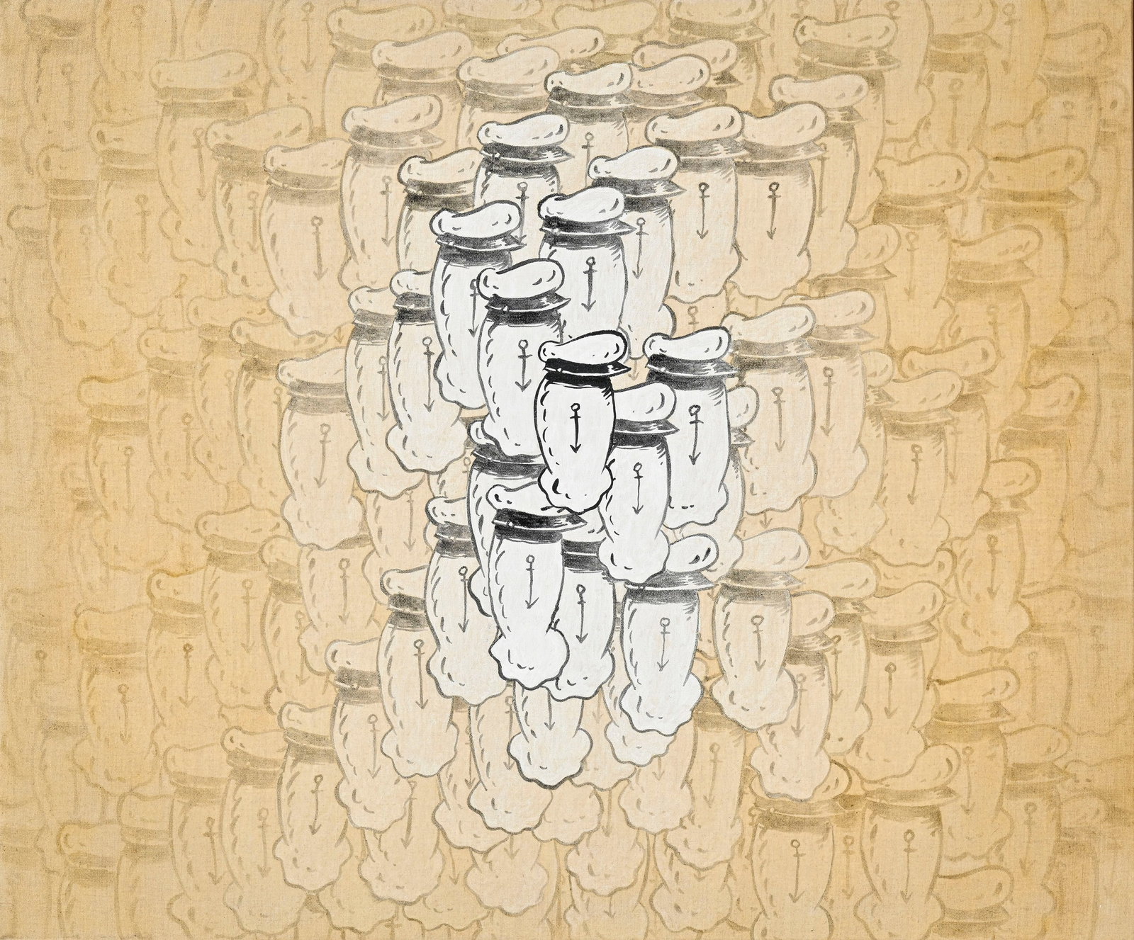 Mark Dean Veca (1963), "Popeye's arms", 1992, technique mixte sur toile, signée et datée a: Mark Dean Veca (1963), "Popeye's arms", 1992, technique mixte sur toile, signée et datée au verso, 76,5x91,5 cm Provenance: Galerie Gagosian, New York, 1996 Condition Bon é