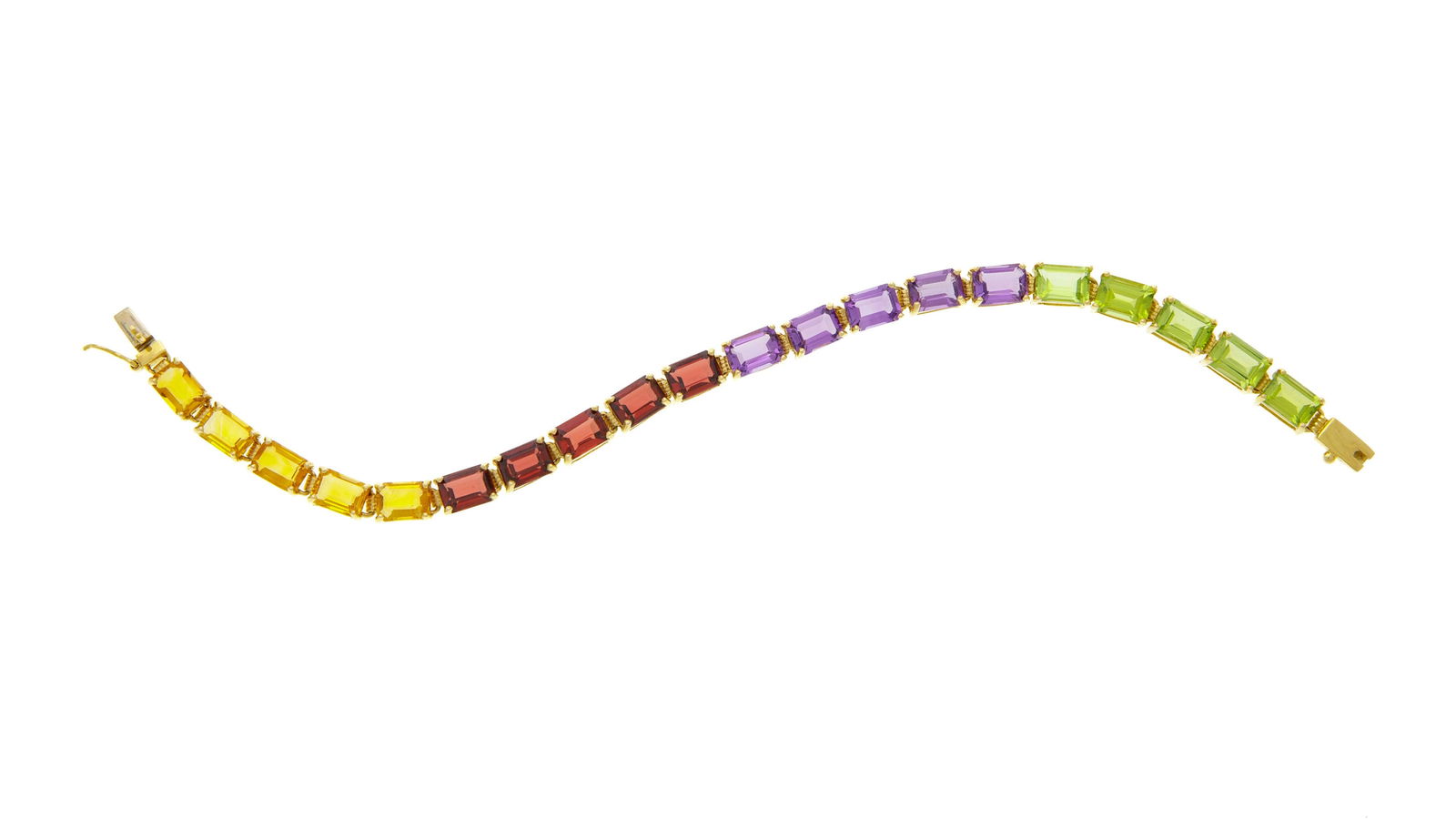 Bucherer, bracelet or 750 serti de citrines, grenats, améthystes et péridots taille é: Bucherer, bracelet or 750 serti de citrines, grenats, améthystes et péridots taille émeraude, signé, long. 17.7 cm, 13g Condition Monture: Bon état de conservation gén