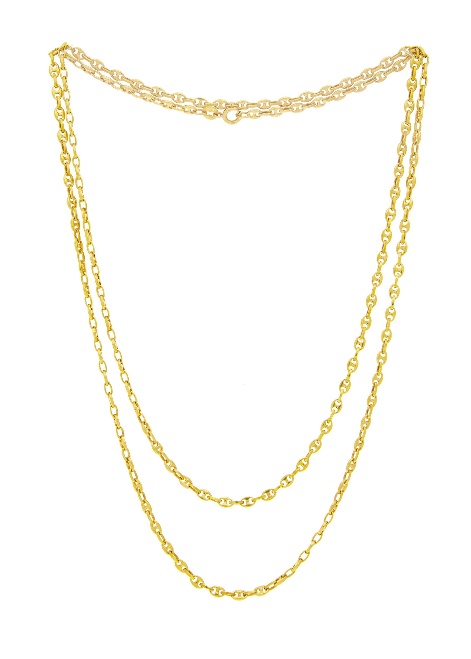 Bucherer, sautoir or 750 à maille marine alternée de maillons ovales, signé, long. 91: Bucherer, sautoir or 750 à maille marine alternée de maillons ovales, signé, long. 91 cm, 22g Condition Bon état de conservation général. Présence de rayures et de