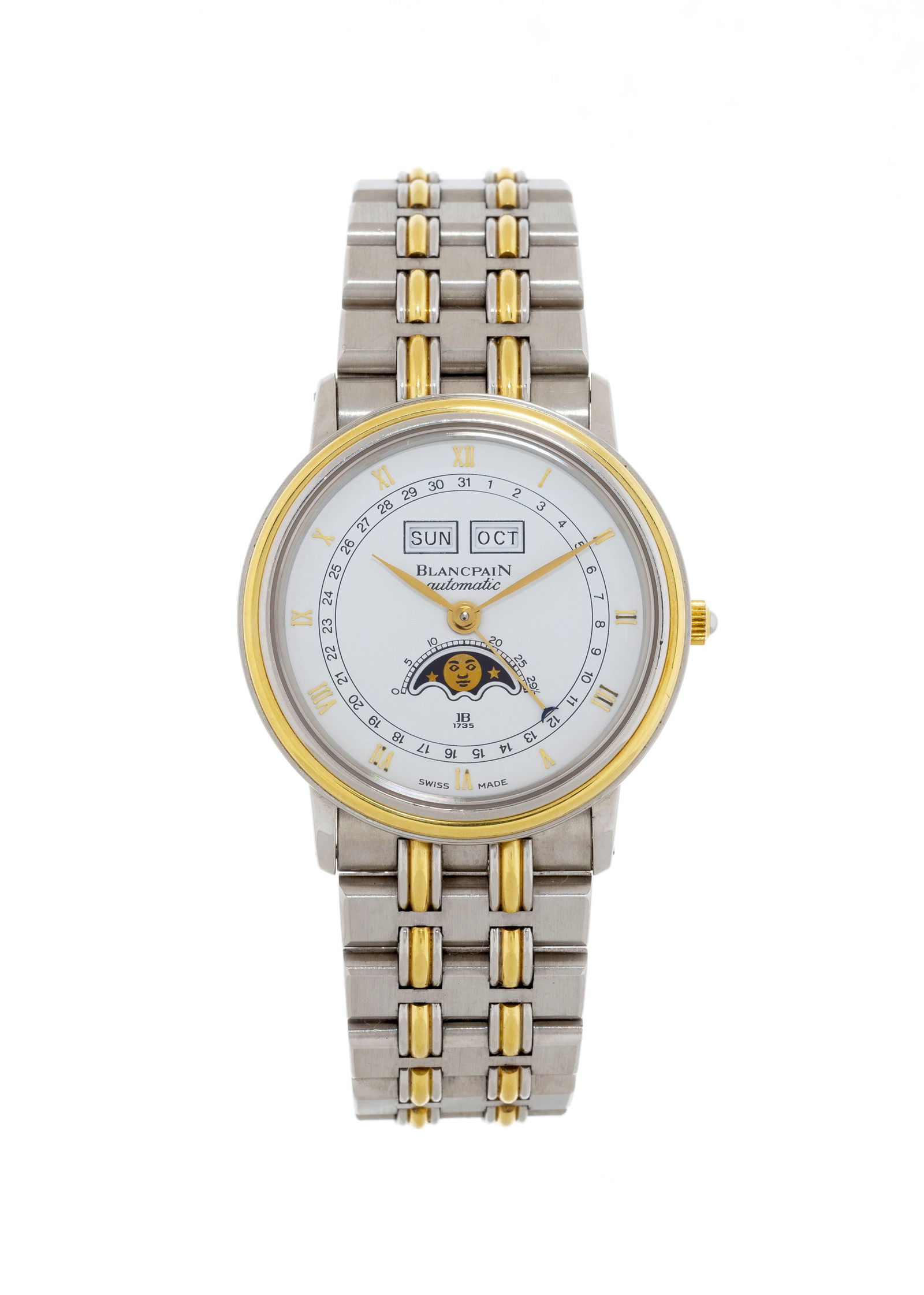 Blancpain, Villeret, montre-bracelet en acier et or avec calendrier Mouvement: cal. 953, automatiq: Blancpain, Villeret, montre-bracelet en acier et or avec calendrier Mouvement: cal. 953, automatique, 19 rubis Boîtier: n°316, diam. 34 mm Complications: phases de lune, jour et mois à