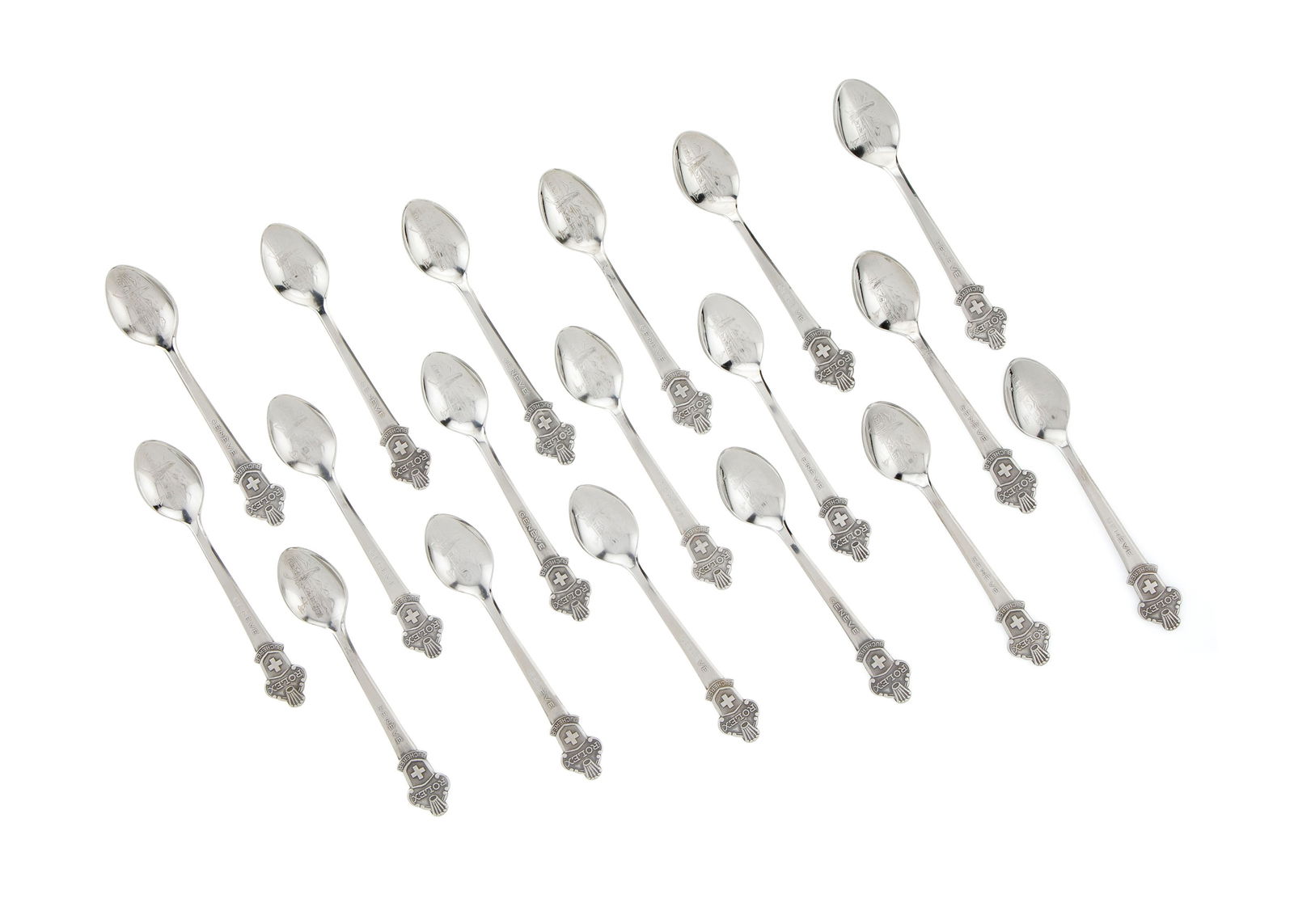 Rolex et Bucherer, ensemble de 18 cuillères à café en acier, signés, long. 11 cm: Rolex et Bucherer, ensemble de 18 cuillères à café en acier, signés, long. 11 cm Provenance
