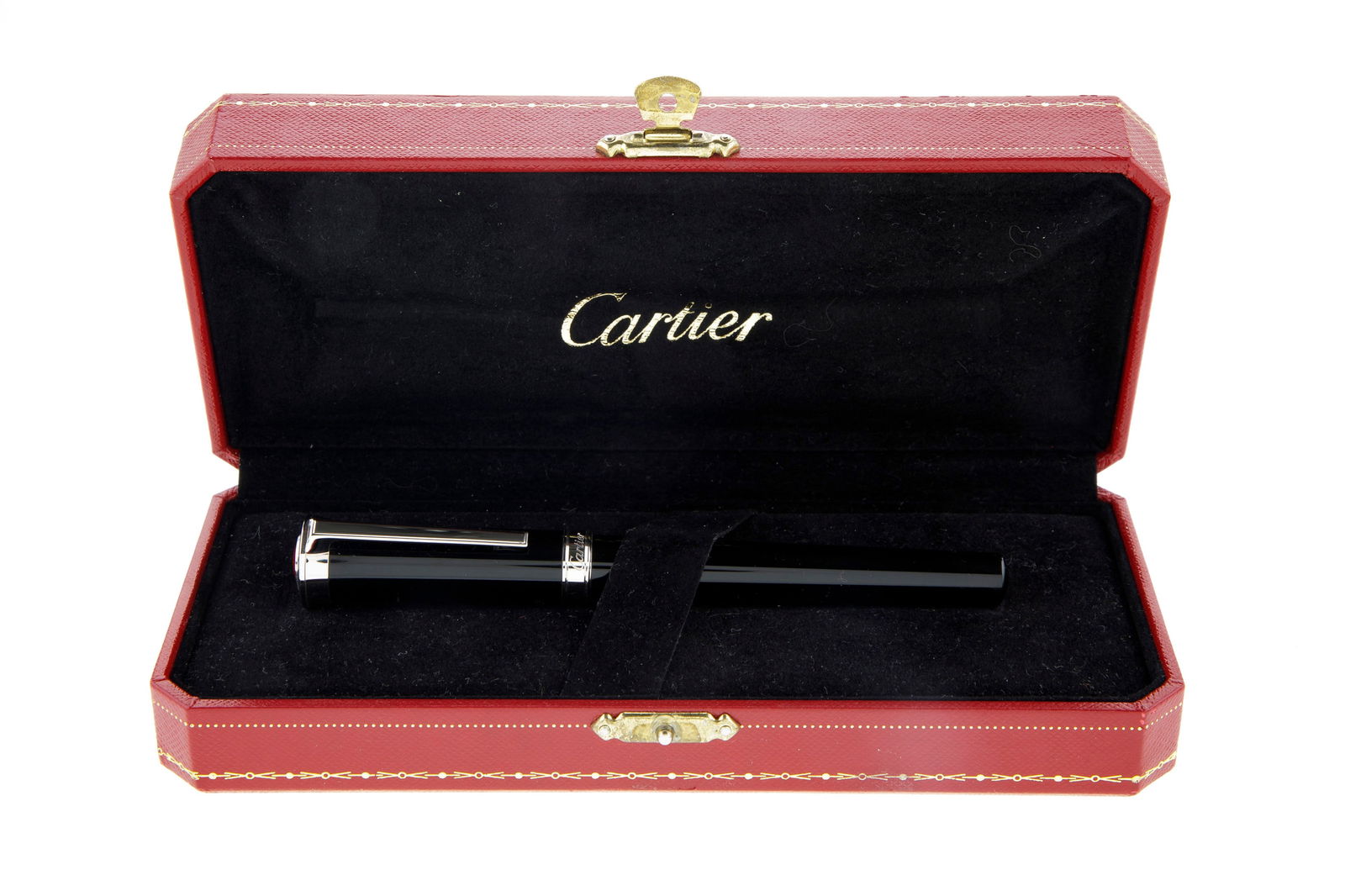 Cartier, stylo bille en acier et résine noire, capuchon orné d'un cabochon rouge, sign (1 of 3)