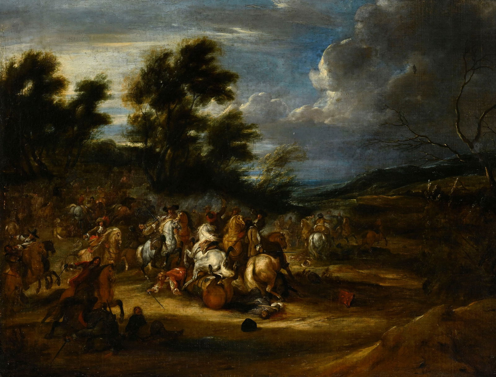 Adam Frans van der Meulen (1632-1690), Bataille de cavalerie, huile sur toile, signée (trè: Adam Frans van der Meulen (1632-1690), Bataille de cavalerie, huile sur toile, signée (très effacée), 59,5x77,5 cm Provenance: Sotheby's, Londres, 21 Avril 1982, lot 26; Auktionsverk, S