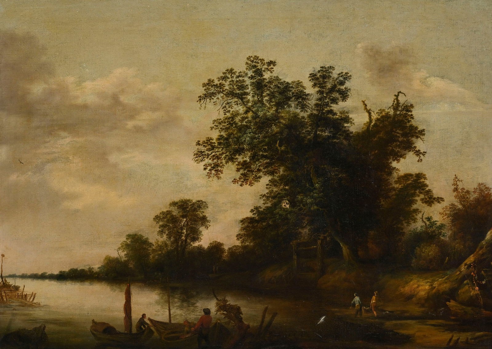 Salomon van Ruysdael (c.1602-1670), suiveur de, Pêcheurs au bord d'un fleuve, XVIIIe s., huile : Salomon van Ruysdael (c.1602-1670), suiveur de, Pêcheurs au bord d'un fleuve, XVIIIe s., huile sur toile, signature apocryphe au verso, 86x120 cm Provenance: J.D. van Hengel, Arnhem; Vente Fische